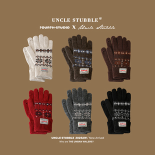 复古费尔岛提花手套情侣旅游保暖针织五指手套可触屏秋冬骑行防风