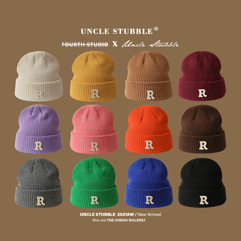 韩版字母R标毛线帽男女同款简约百搭针织帽秋冬防寒保暖套头冷帽