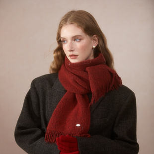 酒红色长款围巾女生冬季护颈保暖围脖氛围感新年红色流苏针织披肩