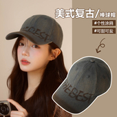 做旧英文涂鸦棒球帽男女美式 复古街头感鸭舌帽深顶宽檐显瘦显脸小