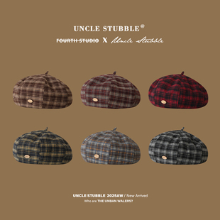 韩系复古贝雷帽精致小标格纹大板型南瓜帽文艺简约百搭画家帽秋冬