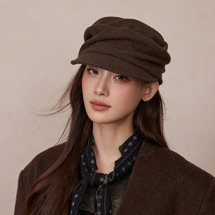 山本风毛呢报童帽秋冬保暖褶皱文艺平顶马术帽女显脸小百搭画家帽