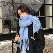 胡茬叔叔蓝色围巾冬天学生情侣男女款 流苏披肩加厚白色保暖围脖潮