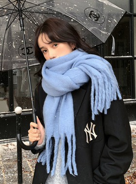 胡茬叔叔蓝色围巾冬天学生情侣男女款流苏披肩加厚白色保暖围脖潮