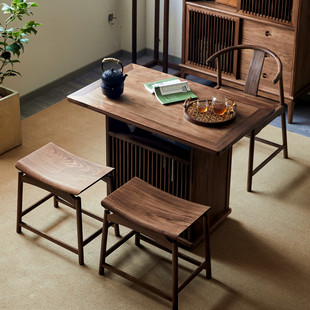 叙木新中式 阳台小茶桌移动茶台茶几黑胡桃木小户型茶桌沙发边几
