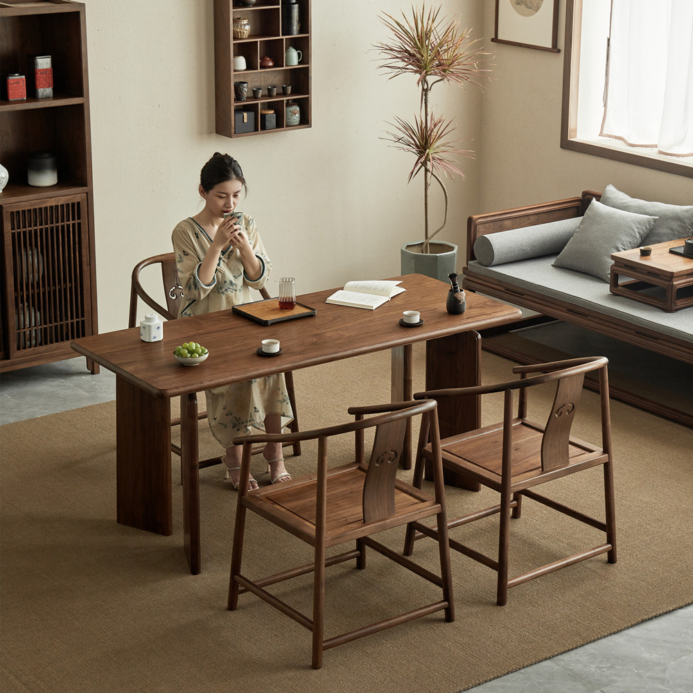 叙木新中式茶桌椅组合简约实木茶台茶几黑胡桃木阳台茶桌包邮入户