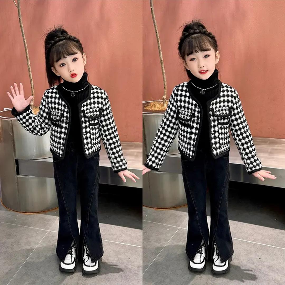 女童千鸟格加棉网红外套
