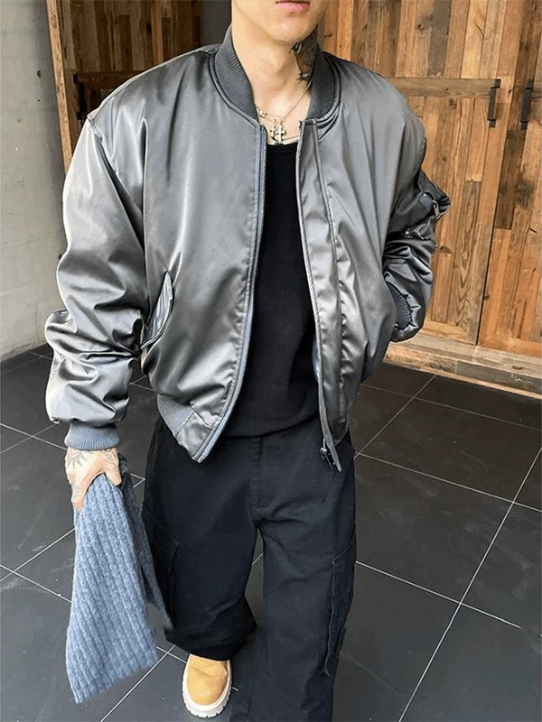 OXFREAK 24FW "Morandi Grey Satin" bomber pilot cotton jacket men's short jacket winter