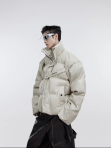 CulturE冬季小众解构短款PU皮加厚棉服外套金属绑带设计感面包服