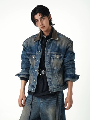 复古美式拼皮撞色牛仔套装男夹克短款宽松牛仔衣外套痞帅牛仔裤潮