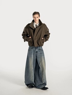 DBW Doublewi美式复古立领夹棉风衣外套挺阔宽肩秋冬短款夹克衫潮