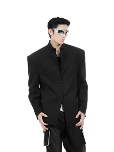 原创设计立领中山装 男宽松痞帅暗黑风西服外套 盘扣西装