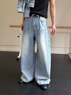小众美式潮牌复古水洗做旧牛仔裤男宽松直筒阔腿拖地长裤子