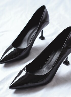 黑色高跟鞋女细跟202021春季新款尖头漆皮细跟职业百搭猫跟单鞋女