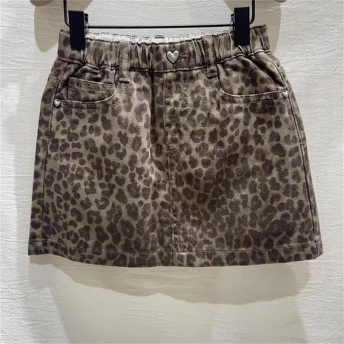 little moco专柜正品25年秋女童豹纹短裙牛仔半身裙KBE3SKTK04
