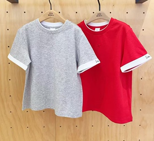 little moco专柜25年夏男女童亲子拼接圆领短袖T恤KBE2TEE018