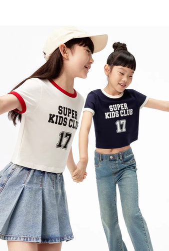 little moco专柜正品25年夏女童弹力高腰甜酷短袖T恤KBE2TEET05