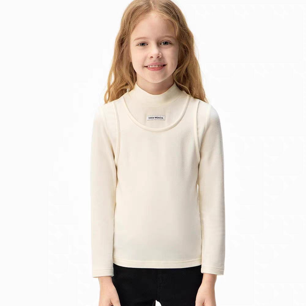 little moco童装25冬新款女童假两件长袖T恤磨毛打底衫KBE4TEET04