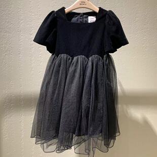 little moco童装2024秋装女童方领网纱丝绒短袖连衣裙 KBD3DRS007