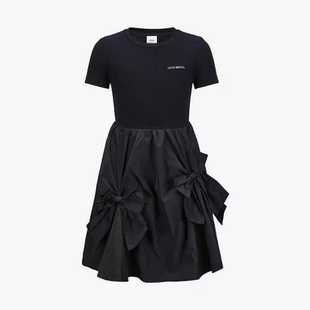 little moco童装2025春新款女童蝴蝶结短袖拼接连衣裙 KBE1DRS035