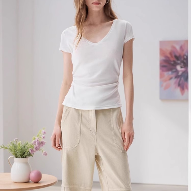 IRO PYRE 正肩短袖T恤腰部抽褶收腰含莱赛尔法式轻奢25春夏新款