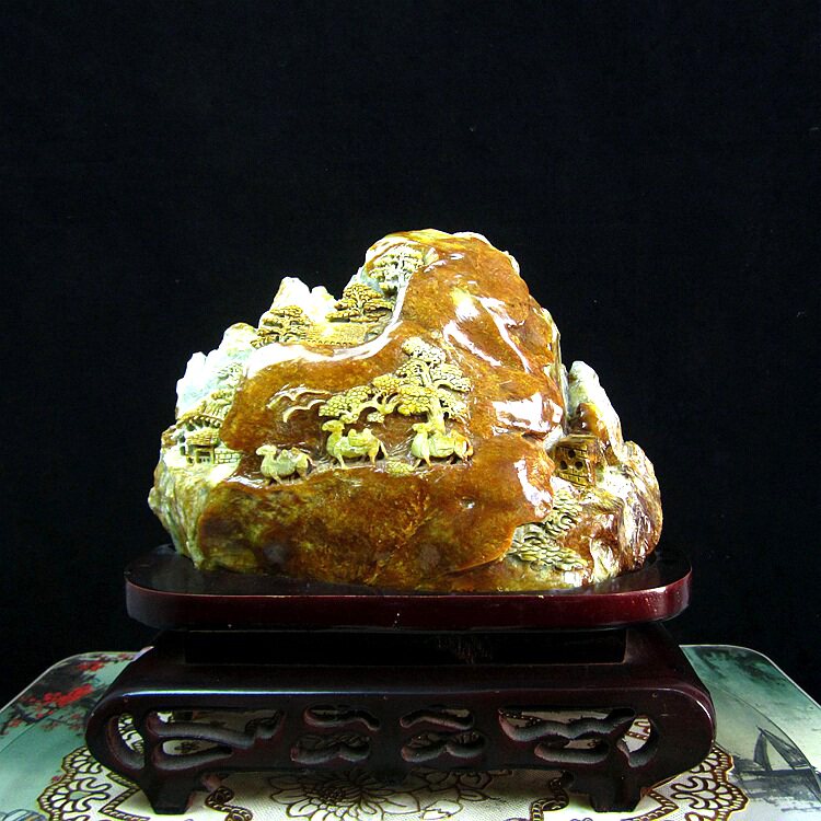 天然玉石摆件岫玉山水摆件岫岩花玉山水丝绸之路玉石家居客厅摆件