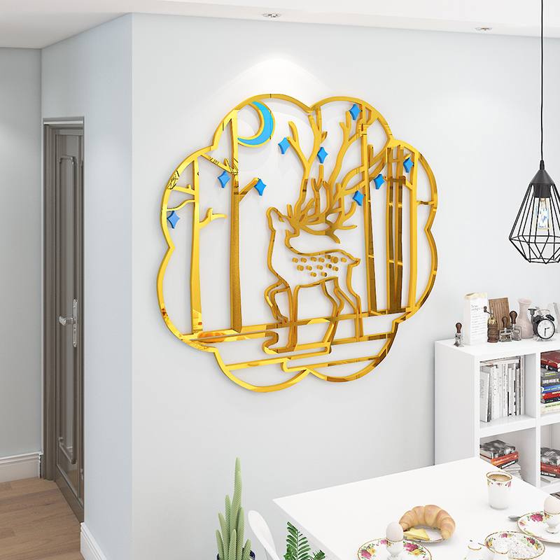 发财鹿亚克力墙壁贴画3d立体客餐厅背景墙面装饰创意玄关自粘贴纸图片
