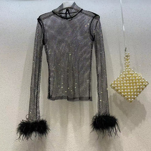 时尚雅妮欧洲站透视镂空网纱修身显瘦打底衫全水钻鸵鸟毛高领上衣