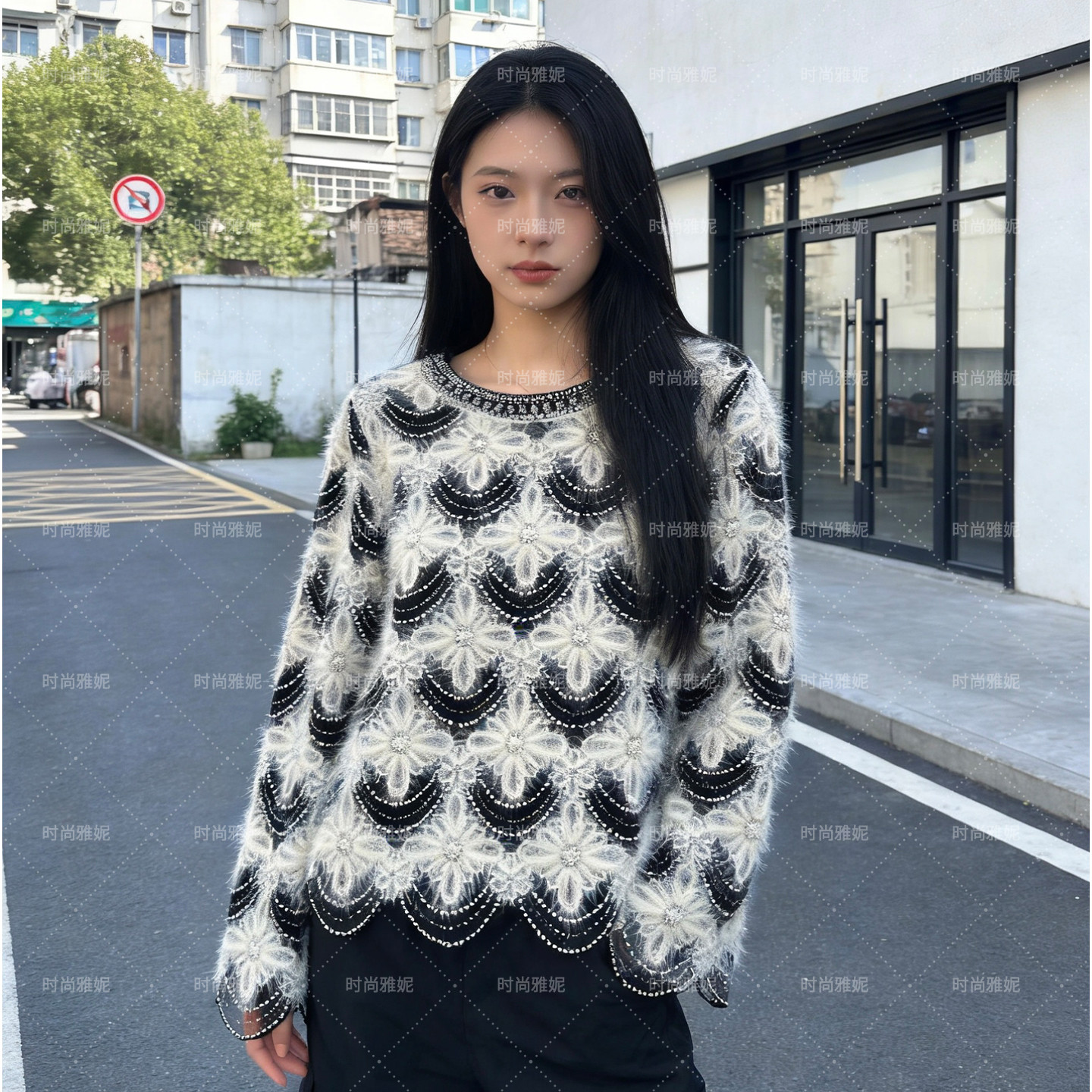 时尚雅妮欧美花朵长袖圆领钉珠亮片珍珠女上衣网红奢华修身显瘦衫