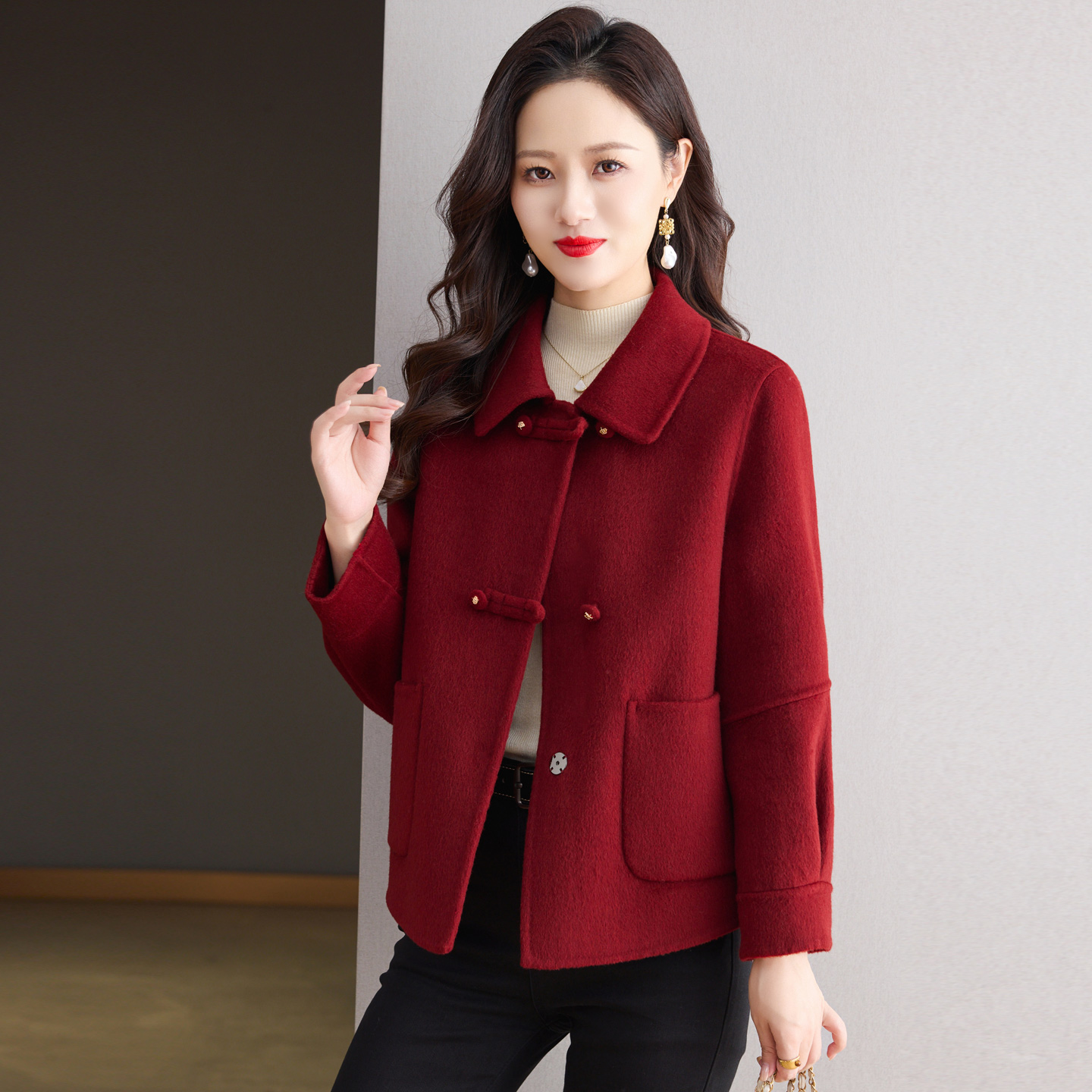 双色双面羊绒大衣女短款小个子