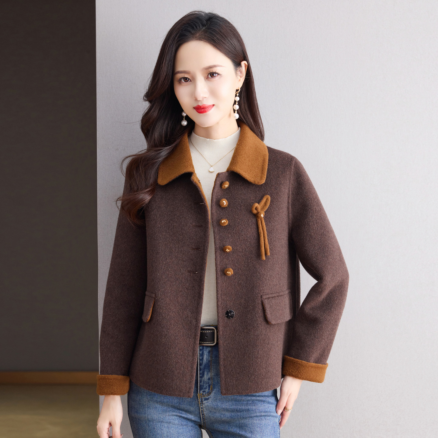 拼色高端双面呢羊绒大衣女短款2025年新款秋冬季小个子羊毛呢外套