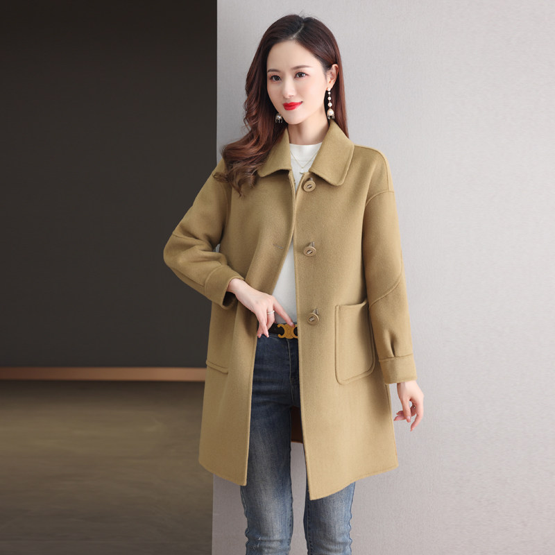 卡其色韩版高端双面羊绒大衣女2025新款中长款秋冬羊毛呢宽松外套