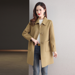 秋冬羊毛呢宽松外套 中长款 卡其色韩版 高端双面羊绒大衣女2025新款