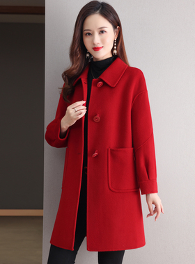 红色韩版高级感双面羊绒大衣女2025新款中长款高端秋冬羊毛呢外套