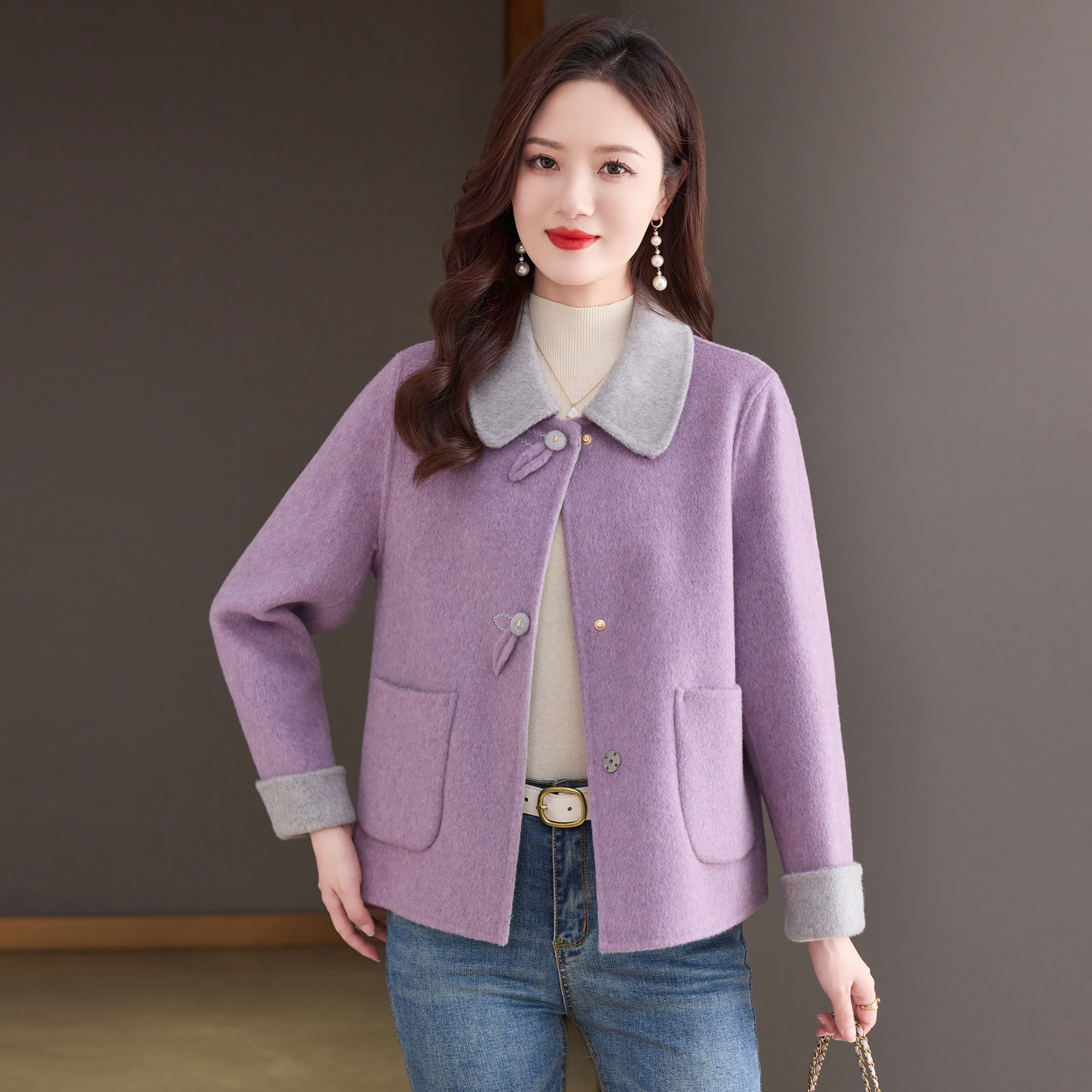 红色双面羊绒大衣女100纯羊毛