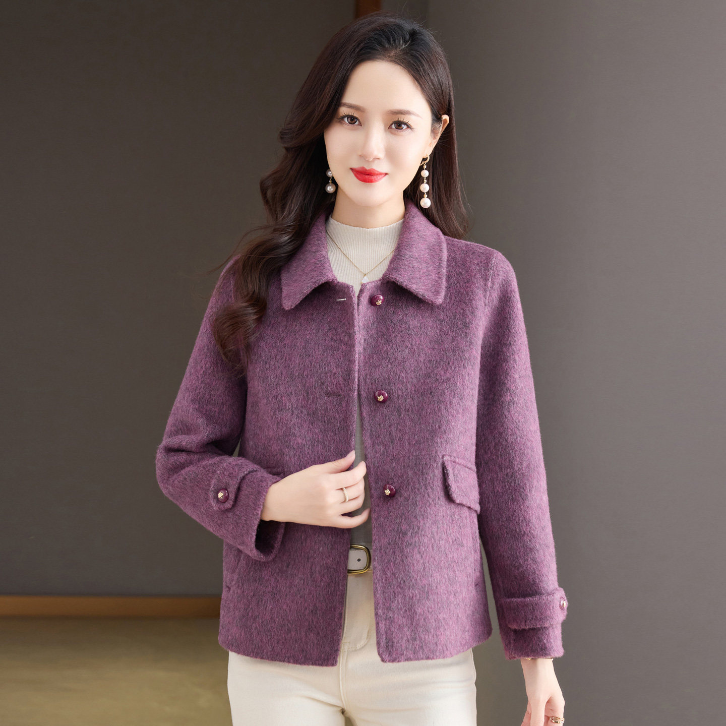 紫色小个子中年妈妈款双面呢羊绒大衣女短款高端减龄羊毛呢子外套,女装/女士精品,毛呢外套,淘宝优惠券,粉丝福利购,淘宝优惠卷
