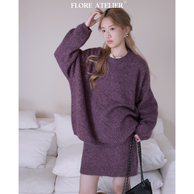 杂色紫慵懒针织套装宽松显瘦