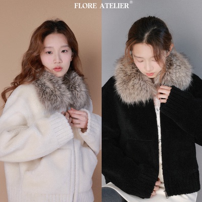 FLOREATELIER仿貉子毛加厚毛领保暖拼接外套显瘦宽松短款上衣
