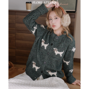 FLOREATELIER灰色小狗提花针织开衫圆领气质宽松休闲外搭毛衣