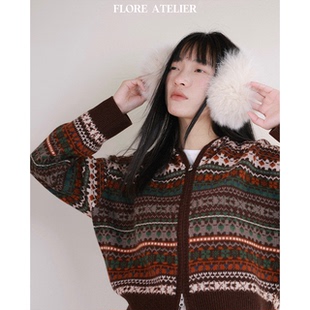 FLOREATELIER100绵羊毛复古连帽几何费尔岛针织开衫宽松显瘦外套