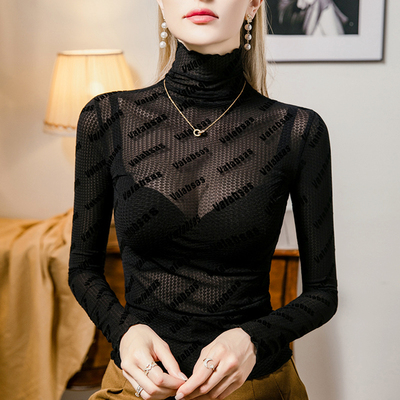 高领薄款半透视蕾丝网纱打底衫