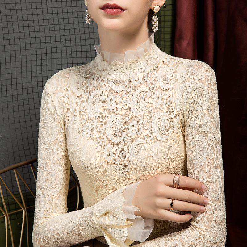 半高领蕾丝上衣高级感网纱t恤镂空薄款加绒款雷丝打底衫女秋长袖