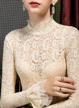 半高领蕾丝上衣高级感网纱t恤镂空薄款加绒款雷丝打底衫女秋长袖