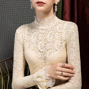 半高领蕾丝上衣高级感网纱t恤镂空薄款加绒款雷丝打底衫女秋长袖