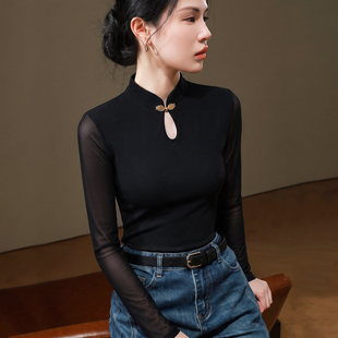 国风盘扣旗袍领网纱打底衫女长袖秋装舞蹈纱衣t恤新中式薄纱上衣