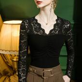 拼接t恤修身 秋装 女长袖 洋气v领蕾丝打底衫 黑色高级感上衣 2025新款