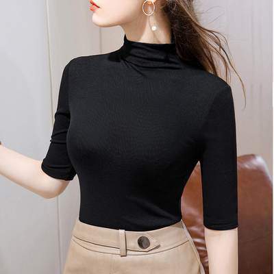 半高领双层网纱打底衫女中袖秋装