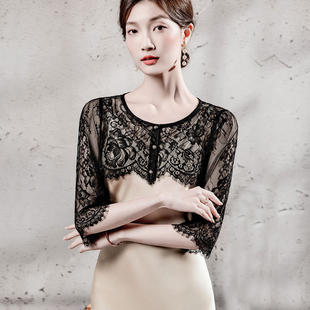 短款蕾丝上衣女夏季高级感中袖薄款薄纱小衫半袖黑色外搭镂空罩衫