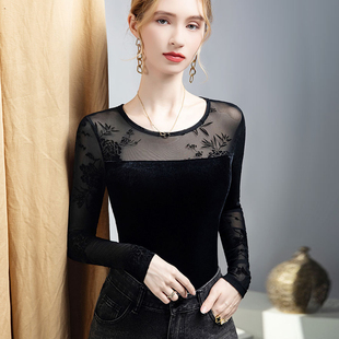 2025新款蕾丝网纱拼接打底衫女长袖t恤黑色轻奢高级感丝绒上衣秋