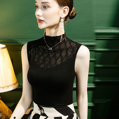 蕾丝拼接半高领无袖背心女秋新款